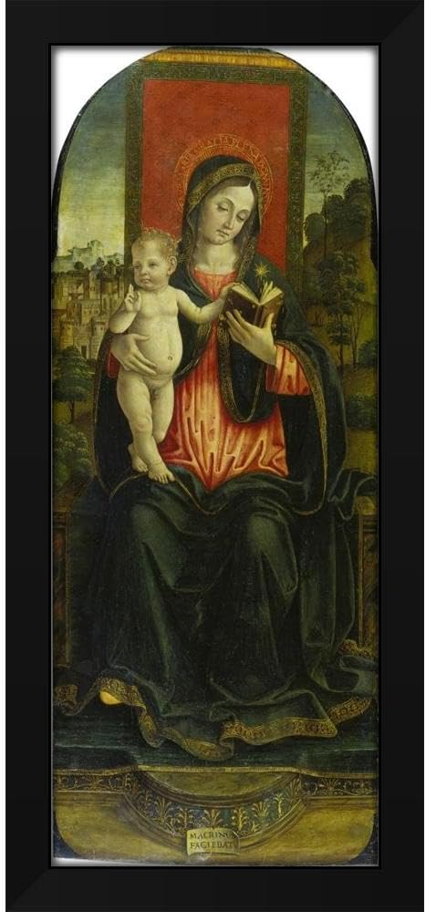 Macrino D'Alba 12x24 Black Modern Framed Art Print Titled: Madonna and Child Enthronend (Ca 1493-1494)