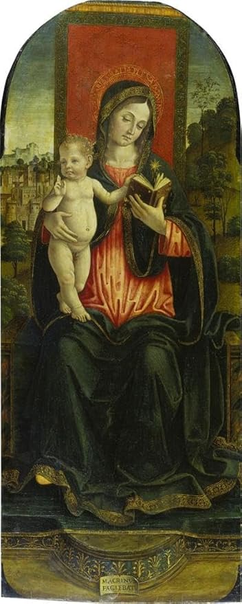 Macrino D'Alba 12x24 Black Modern Framed Art Print Titled: Madonna and Child Enthronend (Ca 1493-1494)