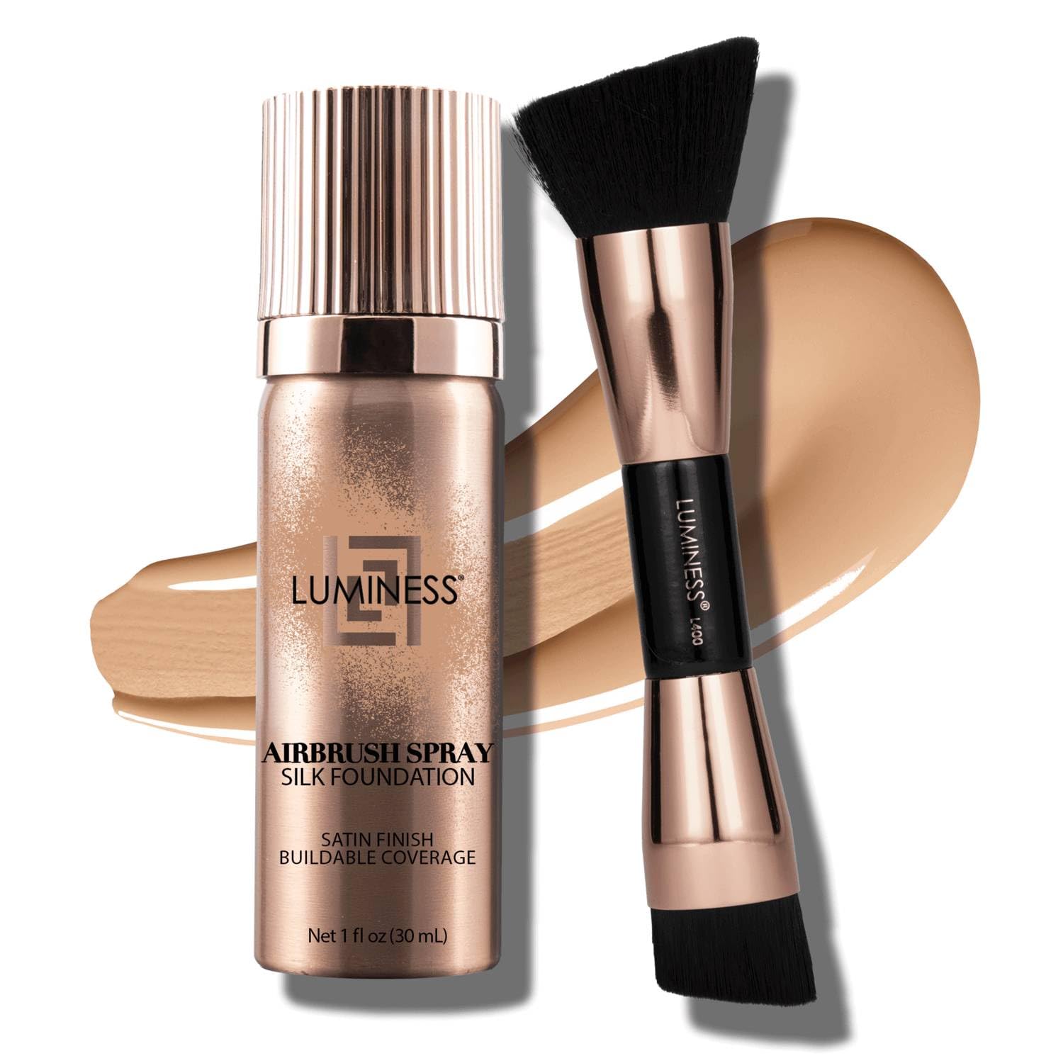LUMINESS Silk Airbrush Spray Foundation 2-PC Kit - Foundation & Dual-Sided Angled Makeup Brush - Buildable Coverage, Anti-Aging Formula, Humidity Resistant, Hydrates & Moisturizes, Light Medium