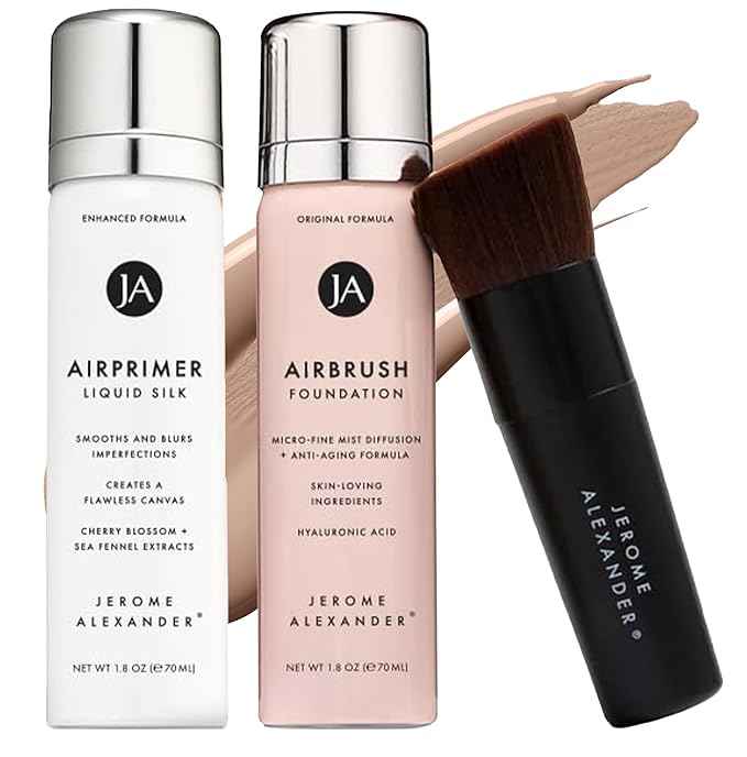 MagicMinerals AirBrush Foundation Set by Jerome Alexander – 3pc Set Includes Primer, Foundation and Kabuki Brush - Spray Makeup with Anti-aging Ingredients for Smooth Radiant Skin (Medium)