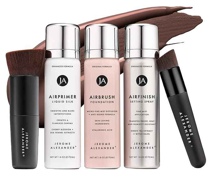 MagicMinerals AirBrush Foundation Set by Jerome Alexander - Complete 5pc Spray Makeup Set with Foundation, Primer, and Setting/Finishing Spray - for Smooth, Radiant Skin (Cognac)