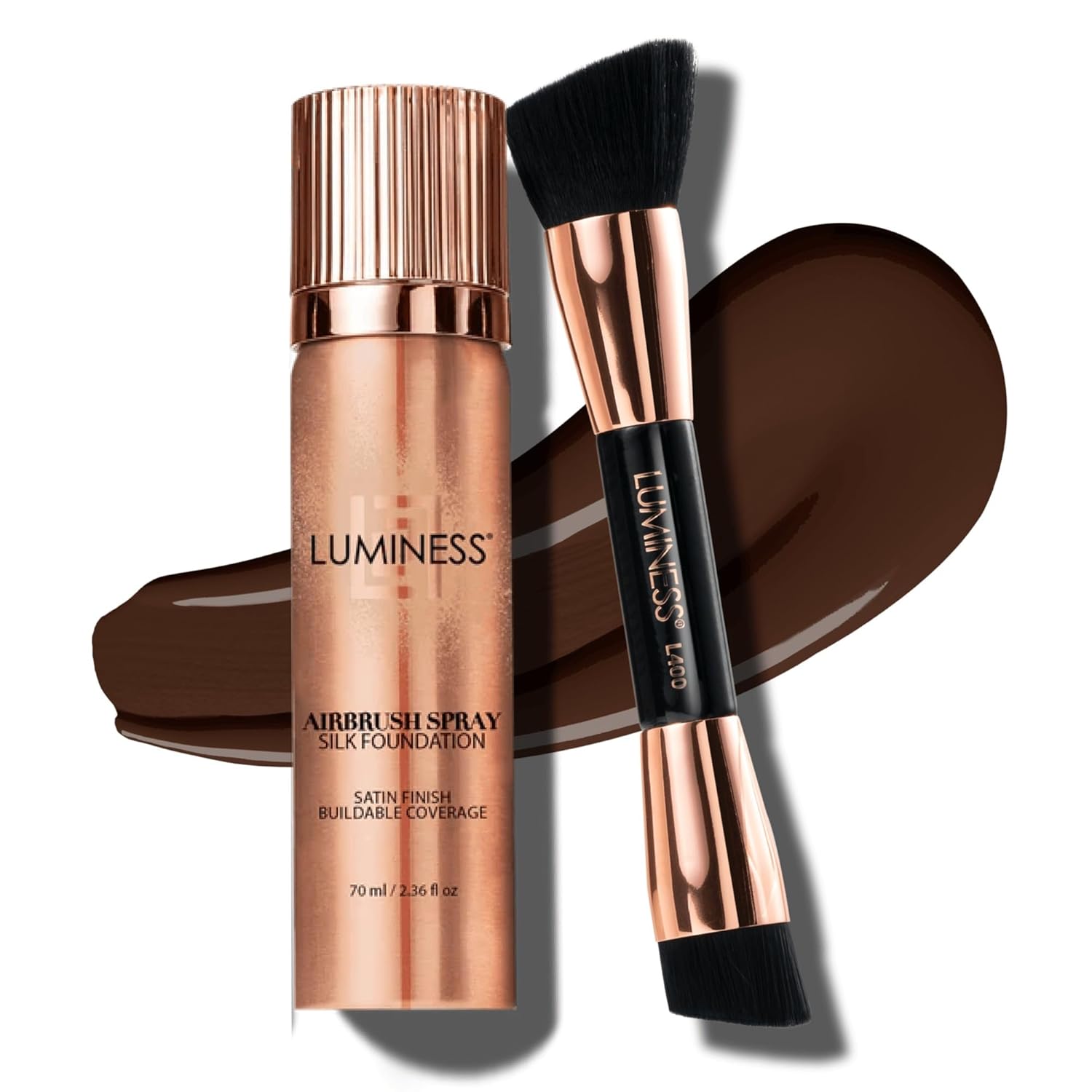 LUMINESS Silk Airbrush Spray Foundation & Buffing Brush Kit – Full Coverage Foundation & Dual-Sided Buffing Brush - Buildable Coverage, Anti-Aging Formula Hydrates & Moisturizes (Shade - Rich)