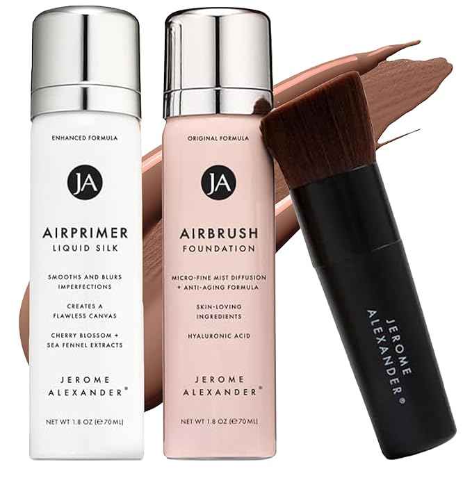 MagicMinerals AirBrush Foundation Set by Jerome Alexander – 3pc Set Includes Primer, Foundation and Kabuki Brush - Spray Makeup with Anti-aging Ingredients for Smooth Radiant Skin (Bright Medium)