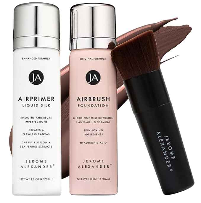 MagicMinerals AirBrush Foundation Set by Jerome Alexander – 3pc Set Includes Primer, Foundation and Kabuki Brush - Spray Makeup with Anti-aging Ingredients for Smooth Radiant Skin (Cognac)