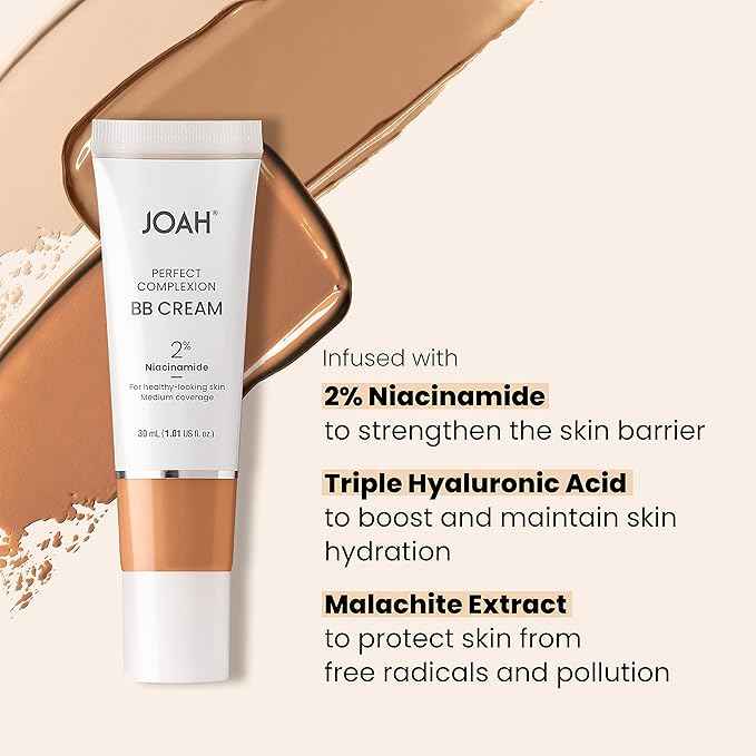 JOAH Perfect Complexion BB Cream with Hyaluronic Acid and Niaciminade, Korean Makeup with Medium Buildable Coverage, Evens Skin Tone, Lightweight, Semi Matte Finish, Tan with Neutral Undertones (Light with Cool Undertones)