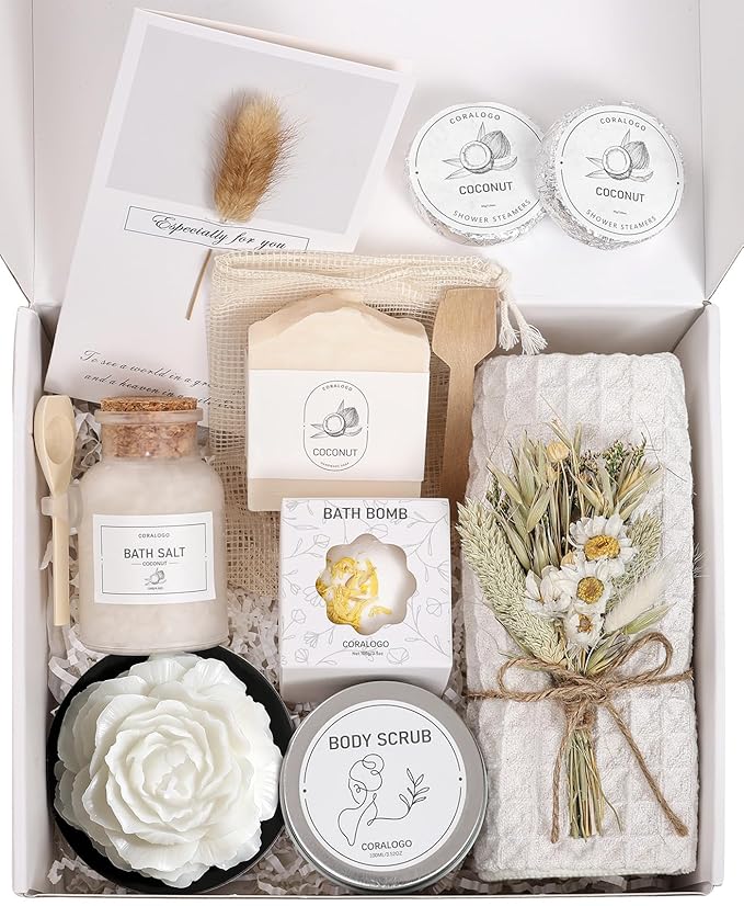 Coralogo Coconut Spa Gifts for Women - 12pc Self-care Spa Gift Basket with Bath Salt, Greeting Card - Thinking of You Basket for Her Birthday, Christmas, Mother's Day, Valentine's Day